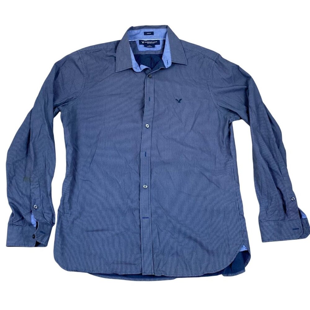 American Eagle Outfitters Men's Shirt Large Blue Striped Slim Fit Long Sleeve